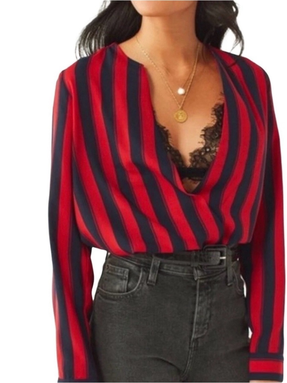 Urban Outfitters Striped V-Neck Long Sleeve Blouse - Red/Navy size S. Like new.